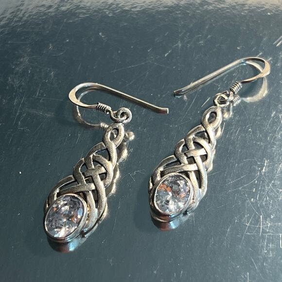 Genuine Silver with Oval Faux Stones in a CELTIC DESIGN Drop Earring - Picture 7 of 12